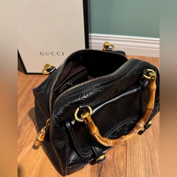 Auth Gucci bamboo leather Guccissima monogram Boston flap pocket handbag vintage - Picture 8 of 9